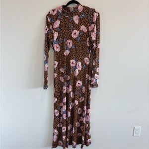 Free People Brown Leopard Maxi Dress with Pink Floral Print